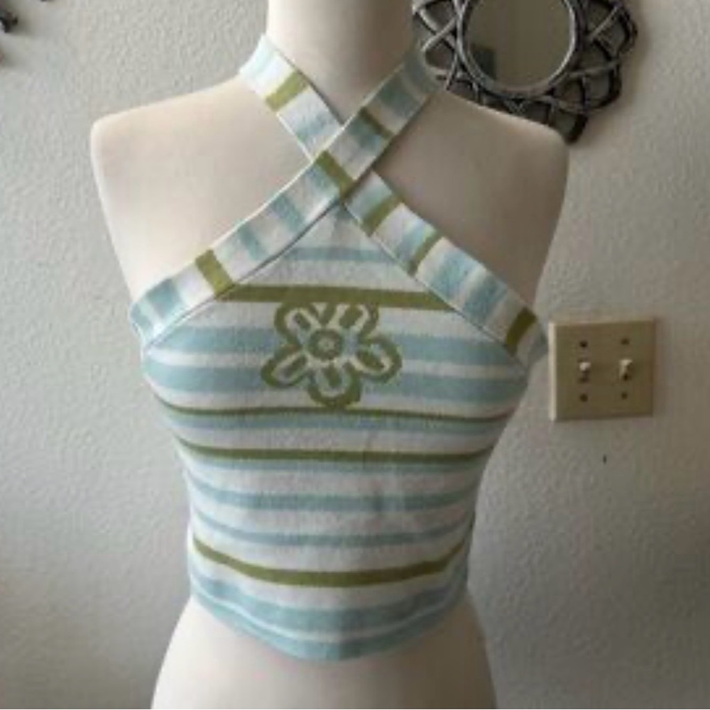 La Hearts Green and White Striped Crop Top‎